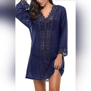 Miyang Blue Lace Embroidered Tunic Top Sz Large